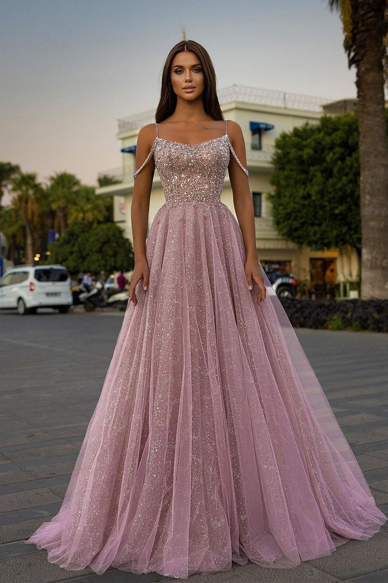 laylatailorshop02 LTP0068,A-line Rose Gold Tulle Long Prom Dress with Spaghetti Straps and Beaded Bodice 22 W / As Picture