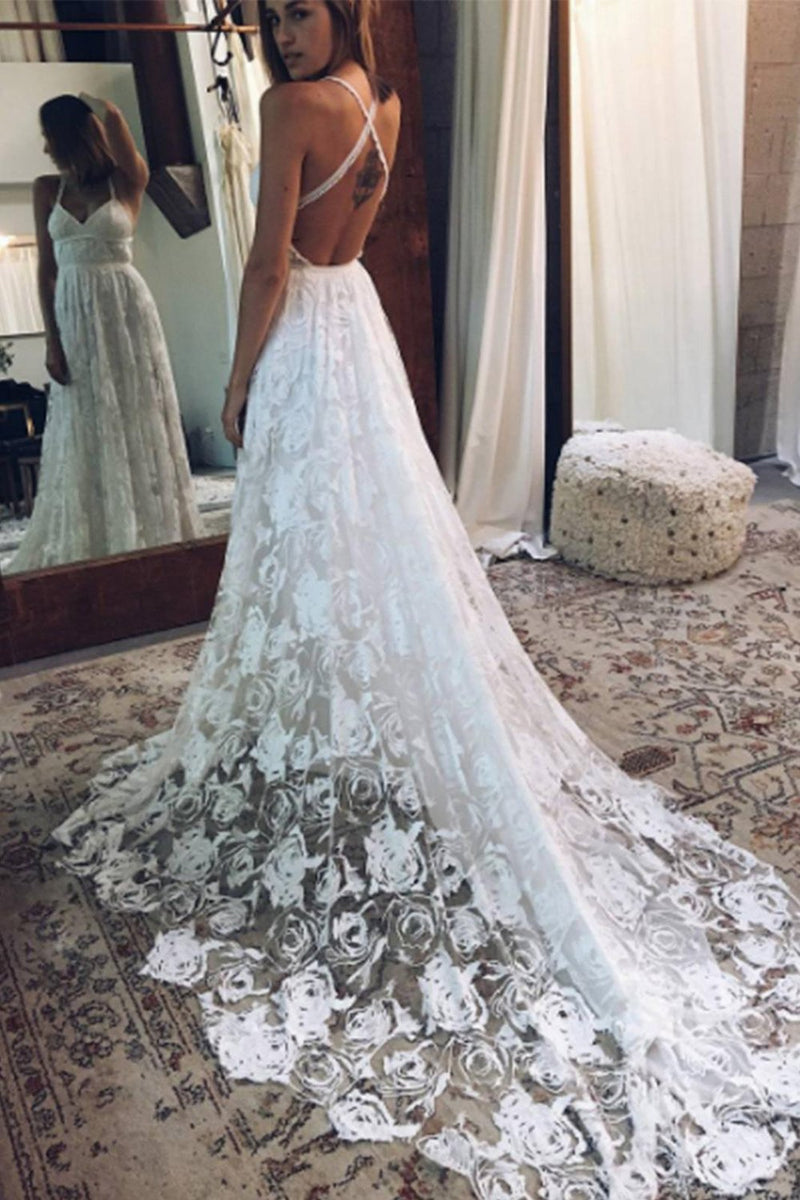 Charming A-line Lace Spaghetti Straps Split Ivory Long Beach Wedding D –  Promnova