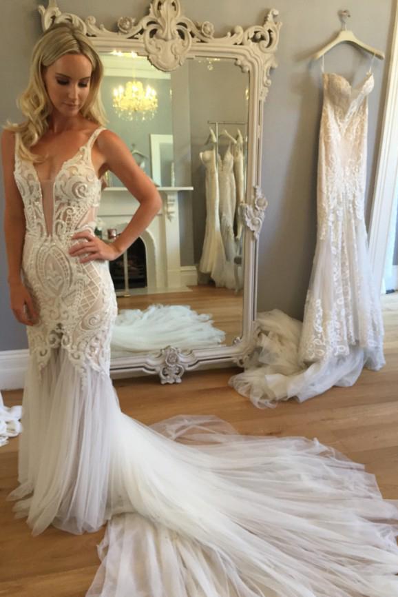 Tulle Mermaid Deep V Neck Lace Flowers Wedding Dresses, Bridal Gowns, PW329