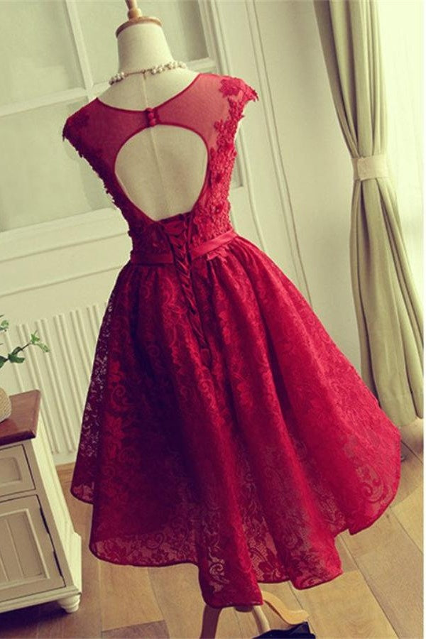 Red Lace Homecoming Dresses Jewel Neck Tiered Skirt Capped Sleeves