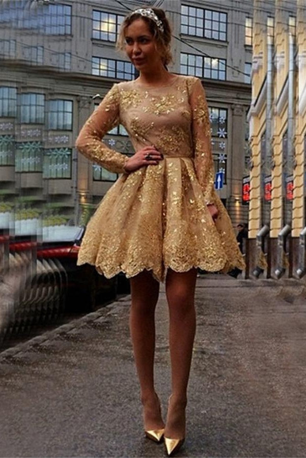A-line Long Sleeves Gold Lace Short Homecoming Dresses For Teens -  Bohogown, Gold Lace 