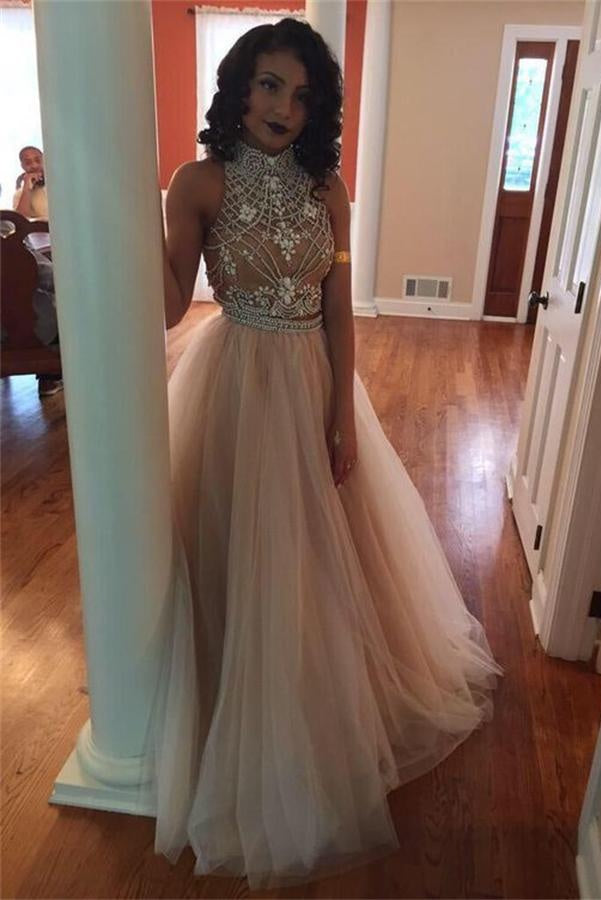 two piece rose gold prom dress