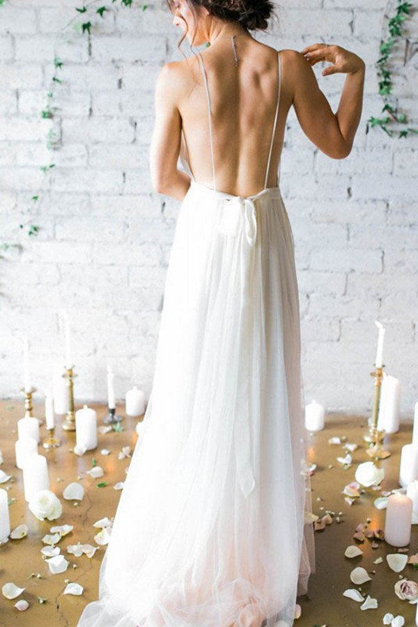 Elegant Flowy Spaghetti Straps Backless Ivory Chiffon Long Wedding Dresses,Beach  Wedding Dresses - Bohogown