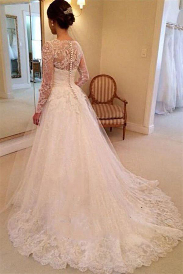 Ivory A-Line Lace Wedding Dress with Sleeves