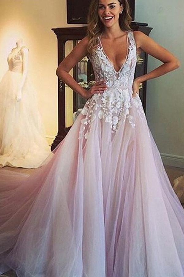 Deep V Neck and V Back White Lace Long Prom Wedding Dresses with