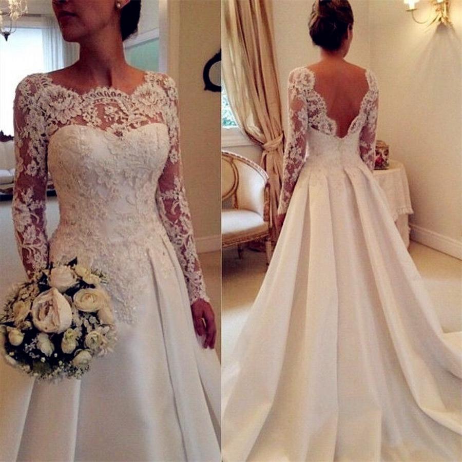 A-line Ivory Long Sleeves Lace Satin Open Back Modest Wedding