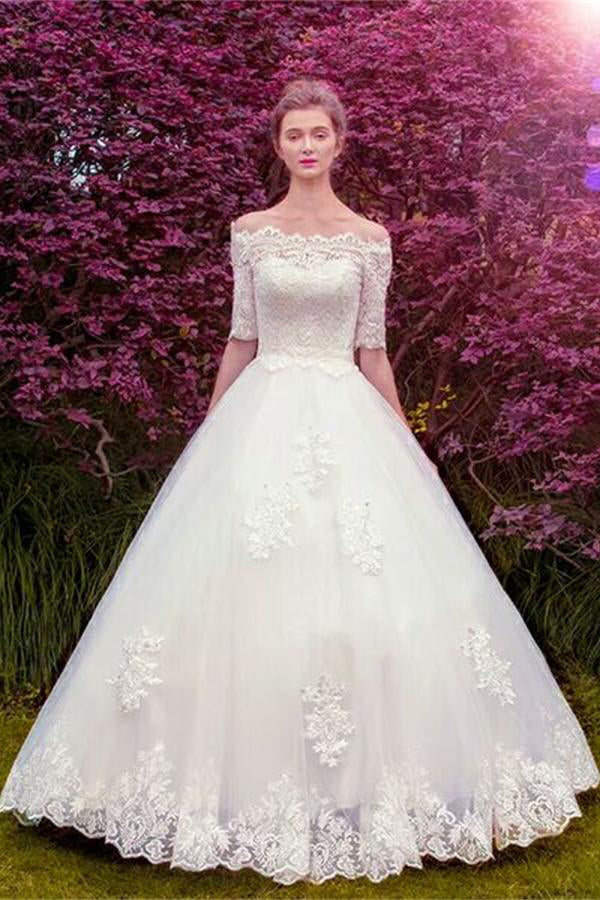 Pretty Half Sleeves Ivory Lace Ball Gown Wedding Dresses Modest Bride –  Rjerdress