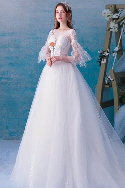 Elegant White Half Sleeves Long Lace Tulle Wedding Dress Ball Gowns 