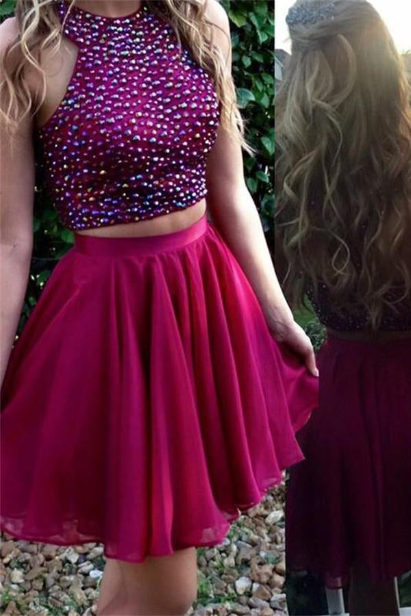 burgundy 2 piece prom dress