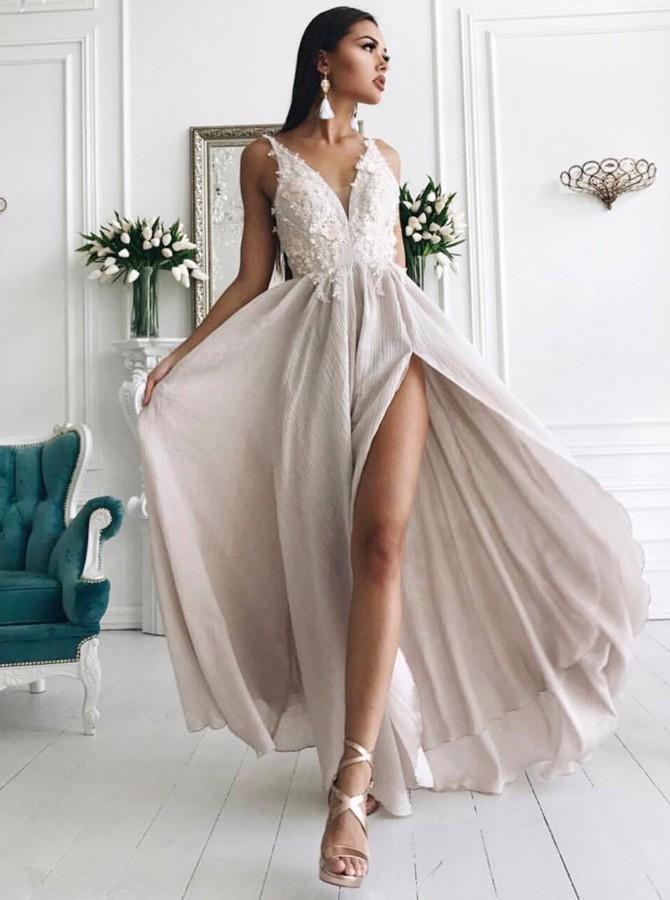 A Line V neck Long Sleeves Light Champagne Prom Dress With Appliques PSK149