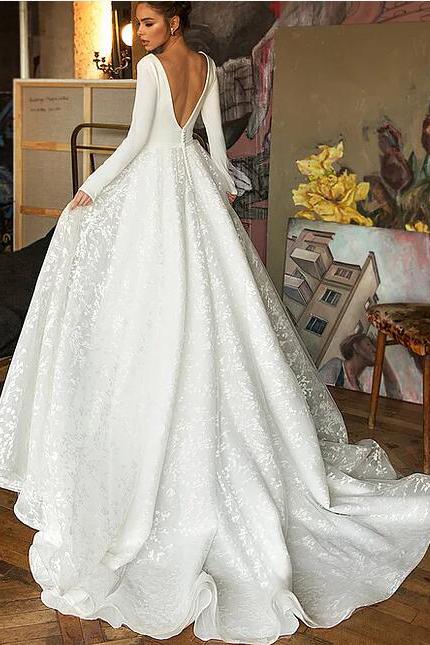 Elegant A Line Long Sleeves V Neck Beach Wedding Dress Long Bridal Dre –  Bohogown