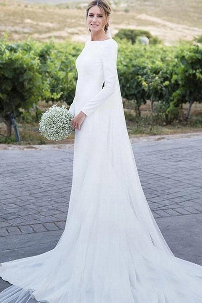 Simple Long Sleeve Sheath Wedding Dress Modest Long Country Wedding Dr –  Bohogown