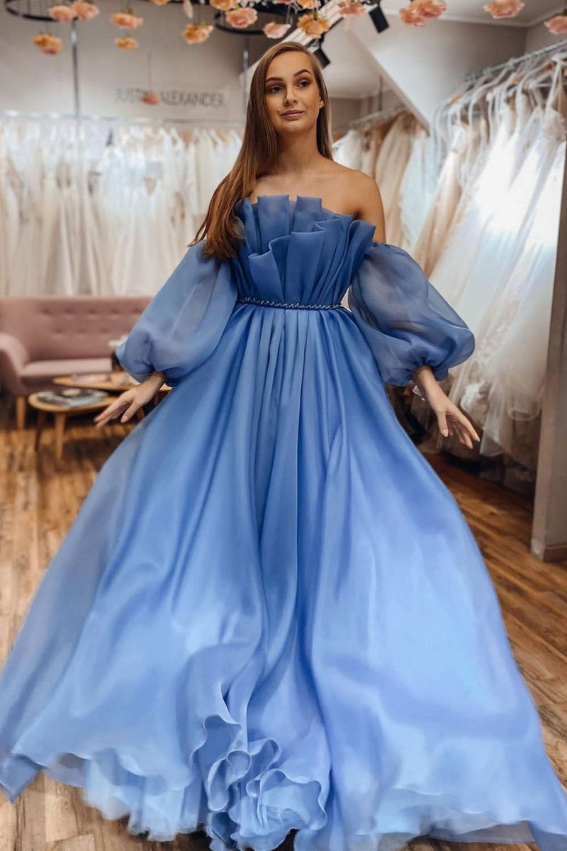 Blue Prom Dresses V-Neck Puffy Sleeves A-Line Evening Gown for Wedding