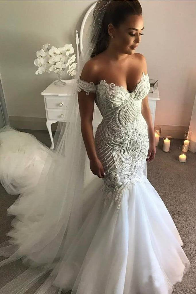 Vintage Off the Shoulder Mermaid Wedding Dress With Appliques Tulle Br –  Bohogown