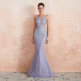 V back Bateau Sleeveless Lace Tulle Long Evening Gowns