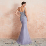 V back Bateau Sleeveless Lace Tulle Long Evening Gowns