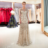 A-line three - quarter Sleeve Sequins Chiffon Beaded Prom Dresses