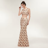 Two-piece Mermaid Floor-length Beaded Chiffon Prom Dresses