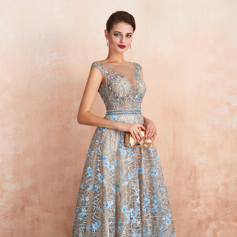 See-through Floral Lace Embroidered Beaded Cap Sleeve Evening gown