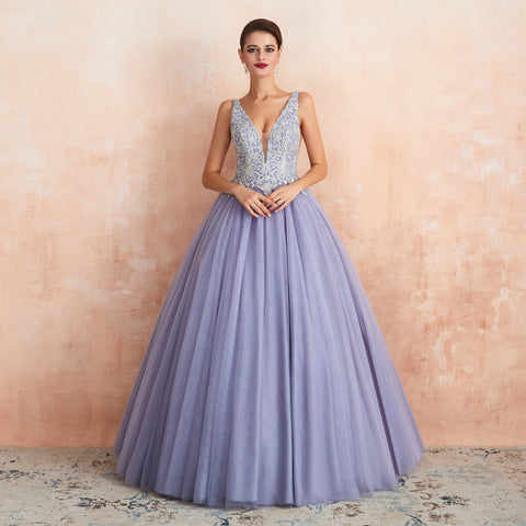 V-neck V-back tulle beaded floor length gown