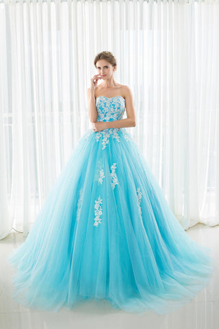 Embroidery A-line Strapless Sleeveless Chiffon Prom Dresses