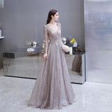 Embroidery Beaded Long Sleeve Sequins Lace Long Evening Gowns