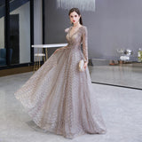 Embroidery Beaded Long Sleeve Sequins Lace Long Evening Gowns