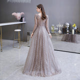 Embroidery Beaded Long Sleeve Sequins Lace Long Evening Gowns