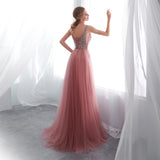 Beaded Sleeveless Ruffles A-line Train Chiffon Prom Dress