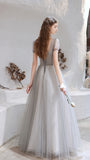 Illusion sleeve V-neck A-line Sequins Chiffon Beaded Prom Dresses