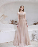 Off-the-shoulder A-line Sequins Chiffon Beaded Prom Dresses