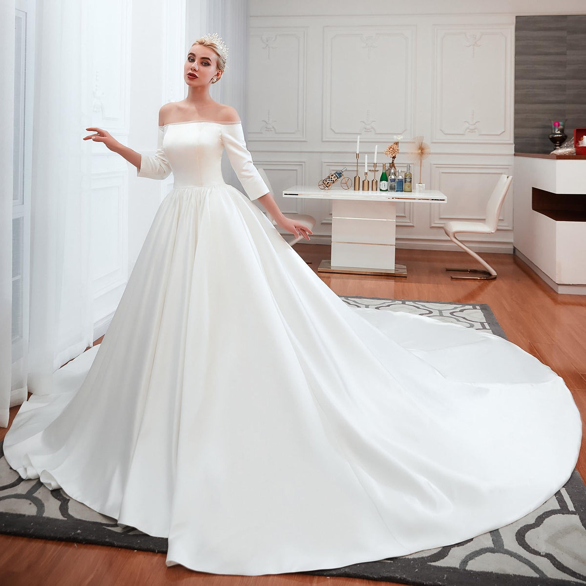 Strapless A-line Long Sleeves Satin Wedding Dress With Training – Bohogown