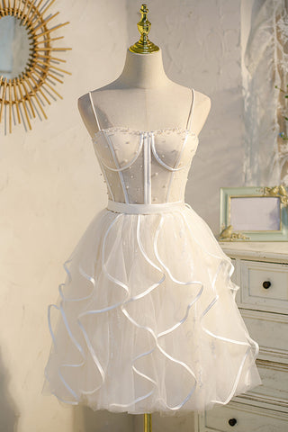 A-Line Spaghetti Straps Birthday Party Dress Homecoming Dress With Tulle Pearls