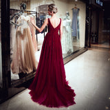 Train A-line V-neck V back Sleeveless Sequins Chiffon Beaded Prom Dresses