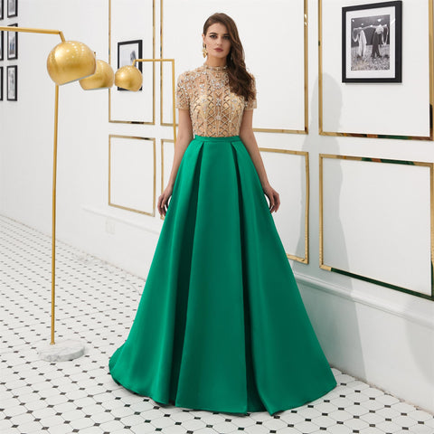 High Collar Cap Sleeves Train stain Beaded Luxury Sequins A-line Prom Dresses 12-59322