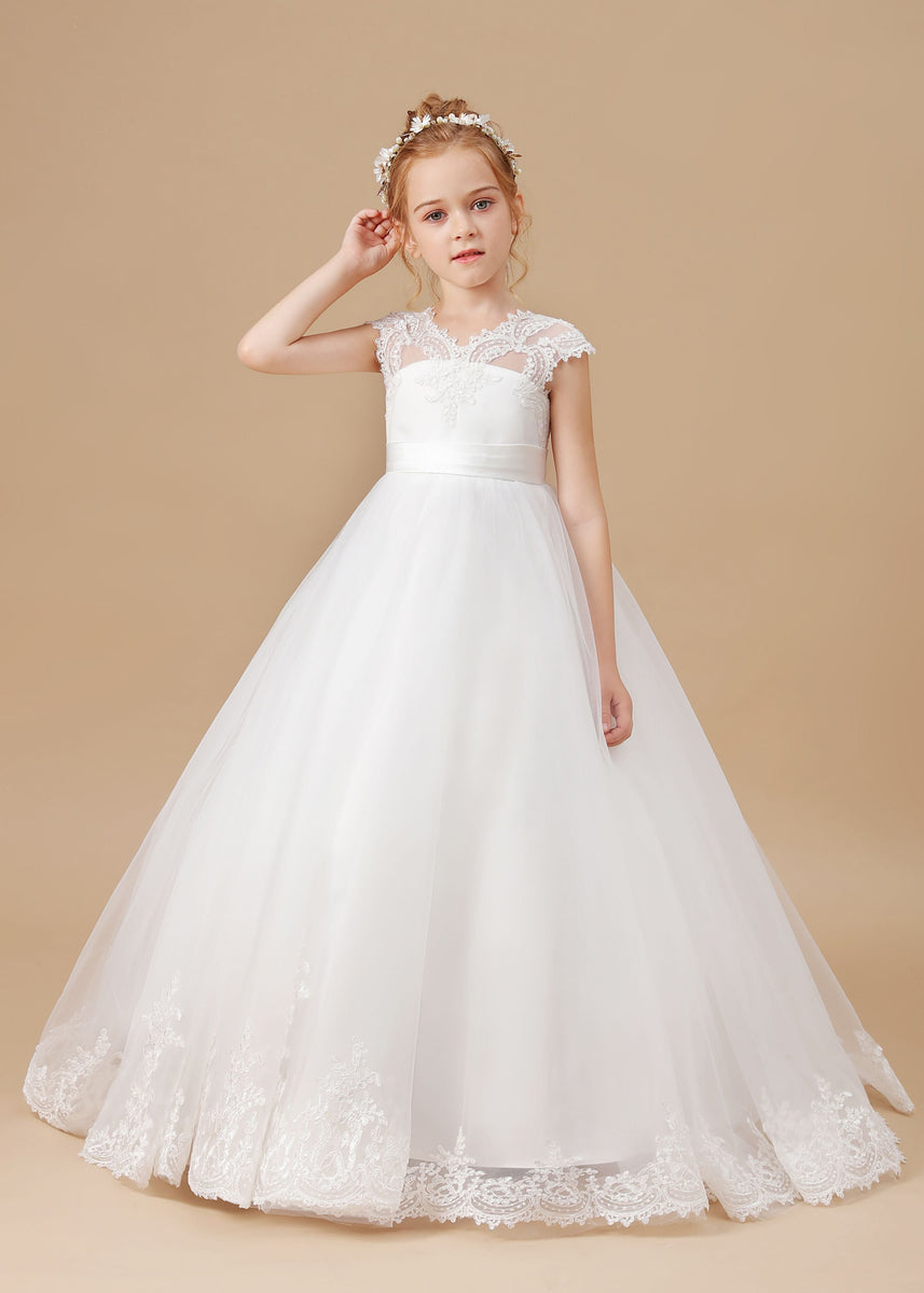 V-neck Lace Tulle Satin Ivory Floor-length Flower Girl Dress FL0042 ...