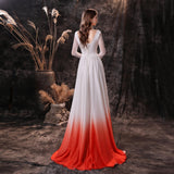 Color gradient long Sleeve Stain Train A-line Lace Evening Gowns 18-24456