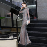 Long Sleeves Sheath Sequins High Collar Beaded Long Evening Gowns