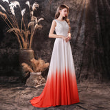 Bateau Color gradient Sleeveless Stain Train A-line Lace Evening Gowns 18-24451