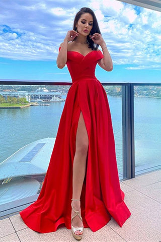 Red Off-the-Shoulder Chiffon Prom Dress With Split PD0238