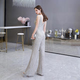 V-neck Sleeveless Sheath Sequins Long Evening Gowns