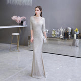 Mid-length sleeves High Collar Sheath Sequins Long Evening Gowns