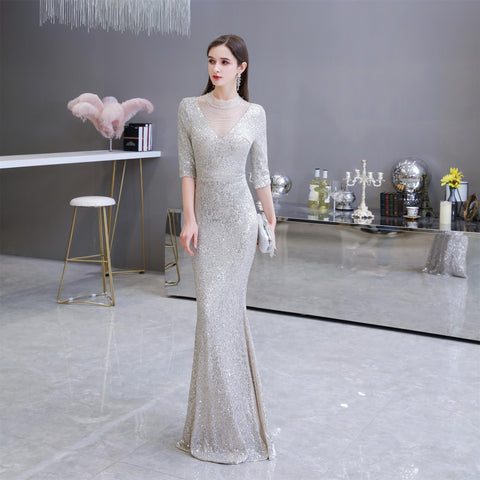 Mid-length sleeves High Collar Sheath Sequins Long Evening Gowns