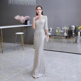 Mid-length sleeves High Collar Sheath Sequins Long Evening Gowns