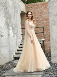 Beaded Jewel A-line Lace Floor Length Evening Gowns