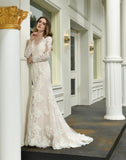 V-neck Mermaid Long Sleeve Beaded Tulle Lace Wedding gown