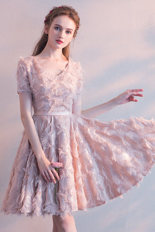 Elegant Pink Knee-Length Homecoming Dress Party Dress With Feathers