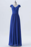 Twilight Blue Capped Sleeve Long Bridesmaid Dresses,V Back Appliques Cheap Bridesmaid Gown