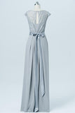 Light Gray Floor Length Bridesmaid Dress,Capped Sleeve Bridesmaid Gown With Belt OMB06