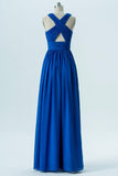 Blue V Neck Long Bridesmaid Dresses,Sleeveless X Back Appliques Bridesmaid Gowns OMB76 - Ombreprom